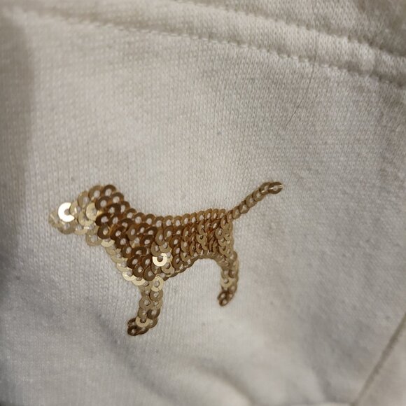 WOMANS CREAM COLORED PINK VICTORIAS SECRET GOLD SEQUIN HOODIE SZ L - Picture 4 of 6